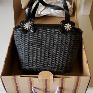 Brighton Straw Handbag black, flowers